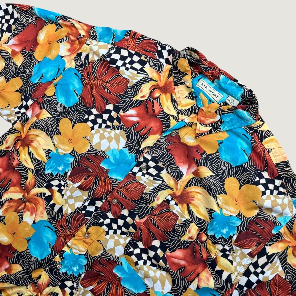 M.E. Sport Hawaiian Shirt XXL Multicolor Floral Checkerboard Rayon Vintage 90s